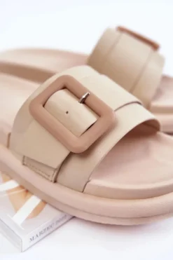 Damskie Skórzane Klapki Z Klamrą Beżowe Devia