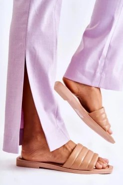 Damskie Skórzane Klapki Z Pikowaniem Ciemnobeżowe Raula