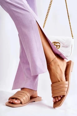 Damskie Skórzane Klapki Z Pikowaniem Ciemnobeżowe Raula