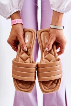 Damskie Skórzane Klapki Z Pikowaniem Ciemnobeżowe Raula