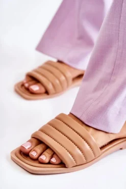 Damskie Skórzane Klapki Z Pikowaniem Ciemnobeżowe Raula