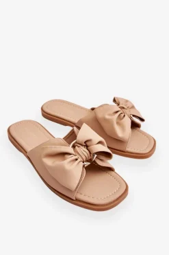 Damskie Skórzane Klapki Z Kokardą Beżowe Becky