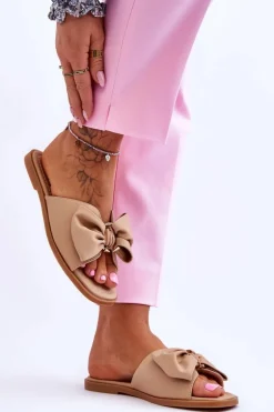 Damskie Skórzane Klapki Z Kokardą Beżowe Becky