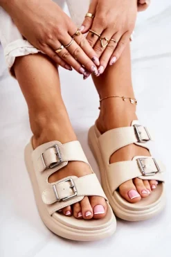 Damskie Skórzane Klapki Ze Sprzączką La.Fi Beżowe Nariss