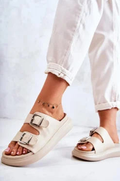 Damskie Skórzane Klapki Ze Sprzączką La.Fi Beżowe Nariss