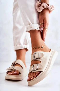 Damskie Skórzane Klapki Ze Sprzączką La.Fi Beżowe Nariss