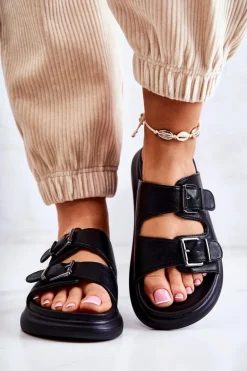 Damskie Skórzane Klapki Ze Sprzączką La.Fi Czarne Nariss