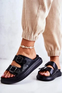 Damskie Skórzane Klapki Ze Sprzączką La.Fi Czarne Nariss