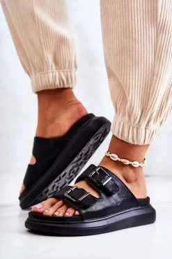 Damskie Skórzane Klapki Ze Sprzączką La.Fi Czarne Nariss