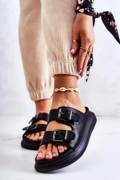 Damskie Skórzane Klapki Ze Sprzączką La.Fi Czarne Nariss