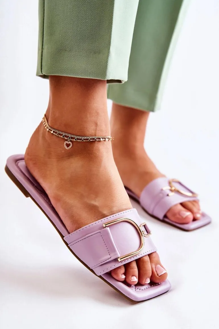 Damskie Skórzane Klasyczne Klapki Z Ozdobą Fioletowe Shilla