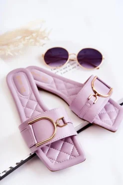 Damskie Skórzane Klasyczne Klapki Z Ozdobą Fioletowe Shilla