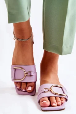 Damskie Skórzane Klasyczne Klapki Z Ozdobą Fioletowe Shilla