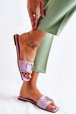 Damskie Skórzane Klasyczne Klapki Z Ozdobą Fioletowe Shilla