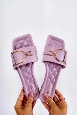 Damskie Skórzane Klasyczne Klapki Z Ozdobą Fioletowe Shilla