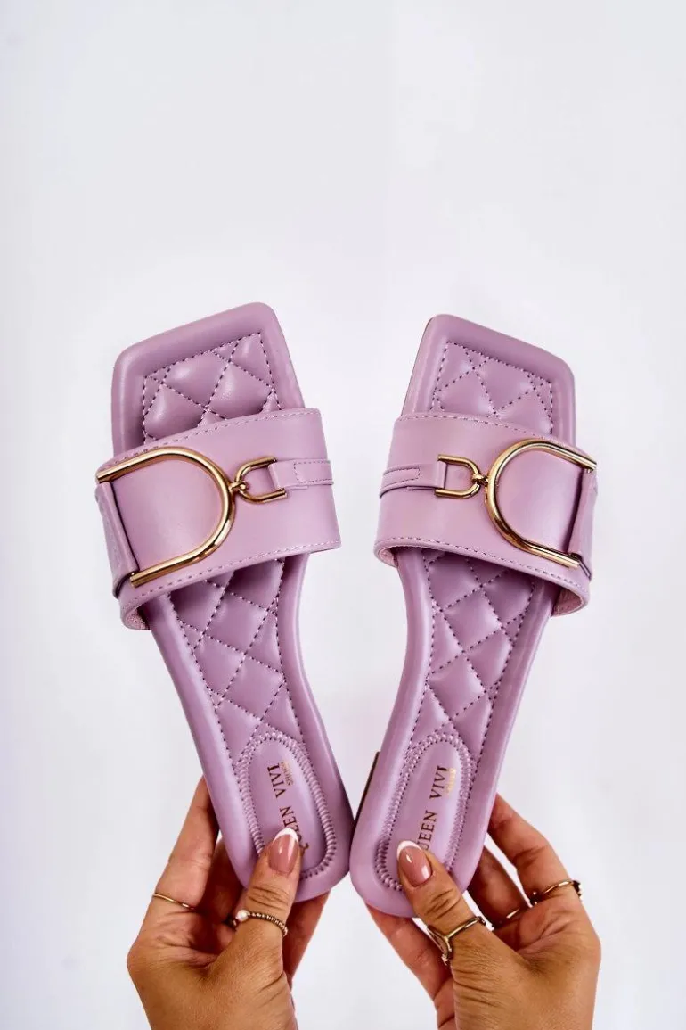 Damskie Skórzane Klasyczne Klapki Z Ozdobą Fioletowe Shilla