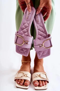 Damskie Skórzane Klasyczne Klapki Z Ozdobą Fioletowe Shilla