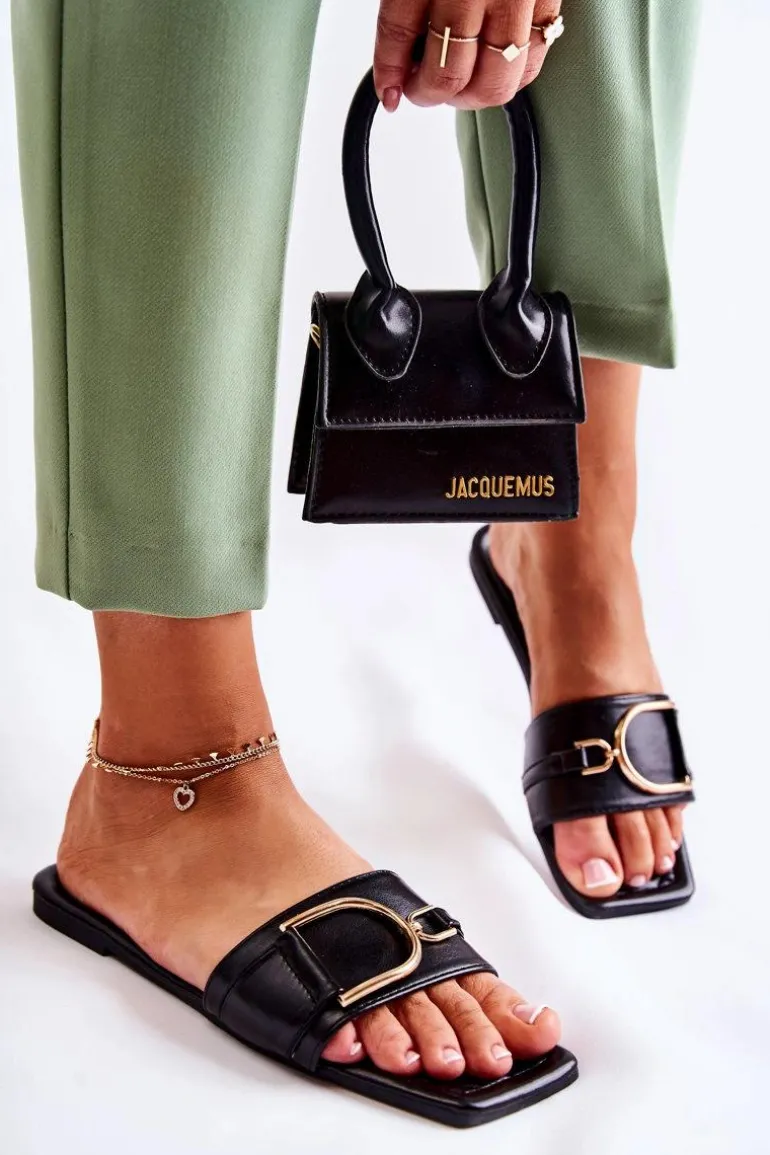 Damskie Skórzane Klasyczne Klapki Z Ozdobą Czarne Shilla