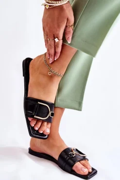 Damskie Skórzane Klasyczne Klapki Z Ozdobą Czarne Shilla