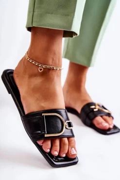 Damskie Skórzane Klasyczne Klapki Z Ozdobą Czarne Shilla