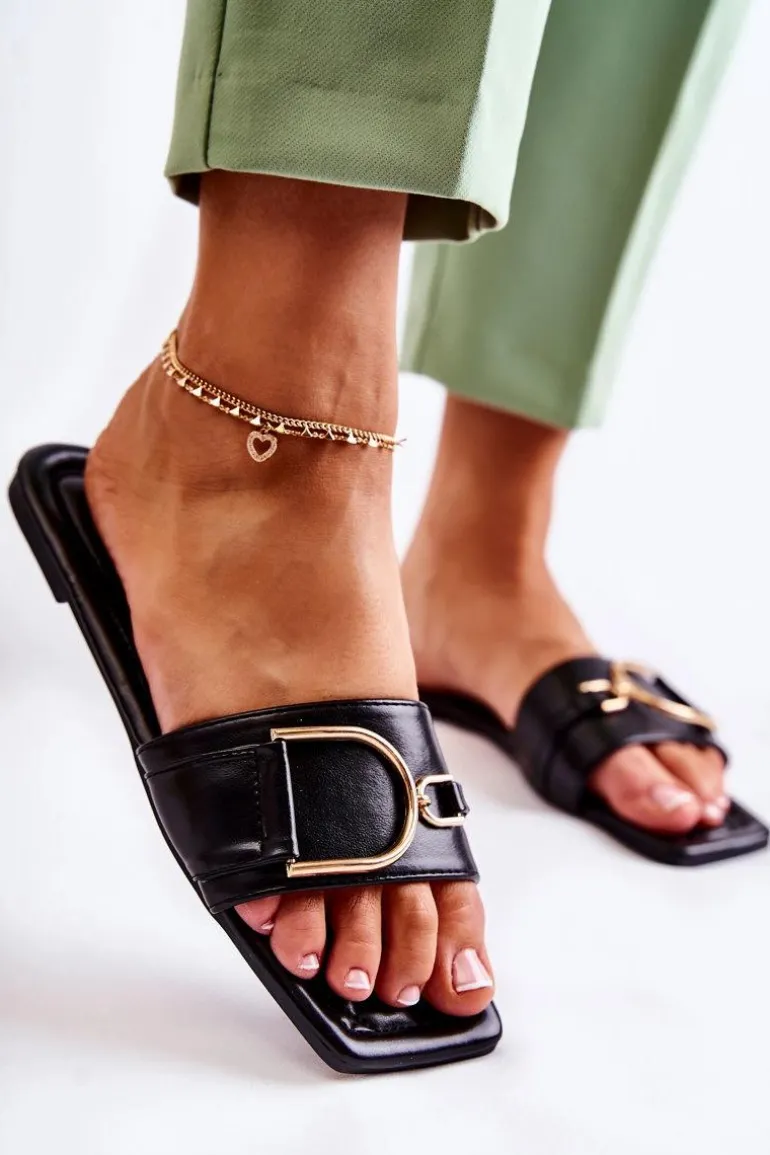 Damskie Skórzane Klasyczne Klapki Z Ozdobą Czarne Shilla