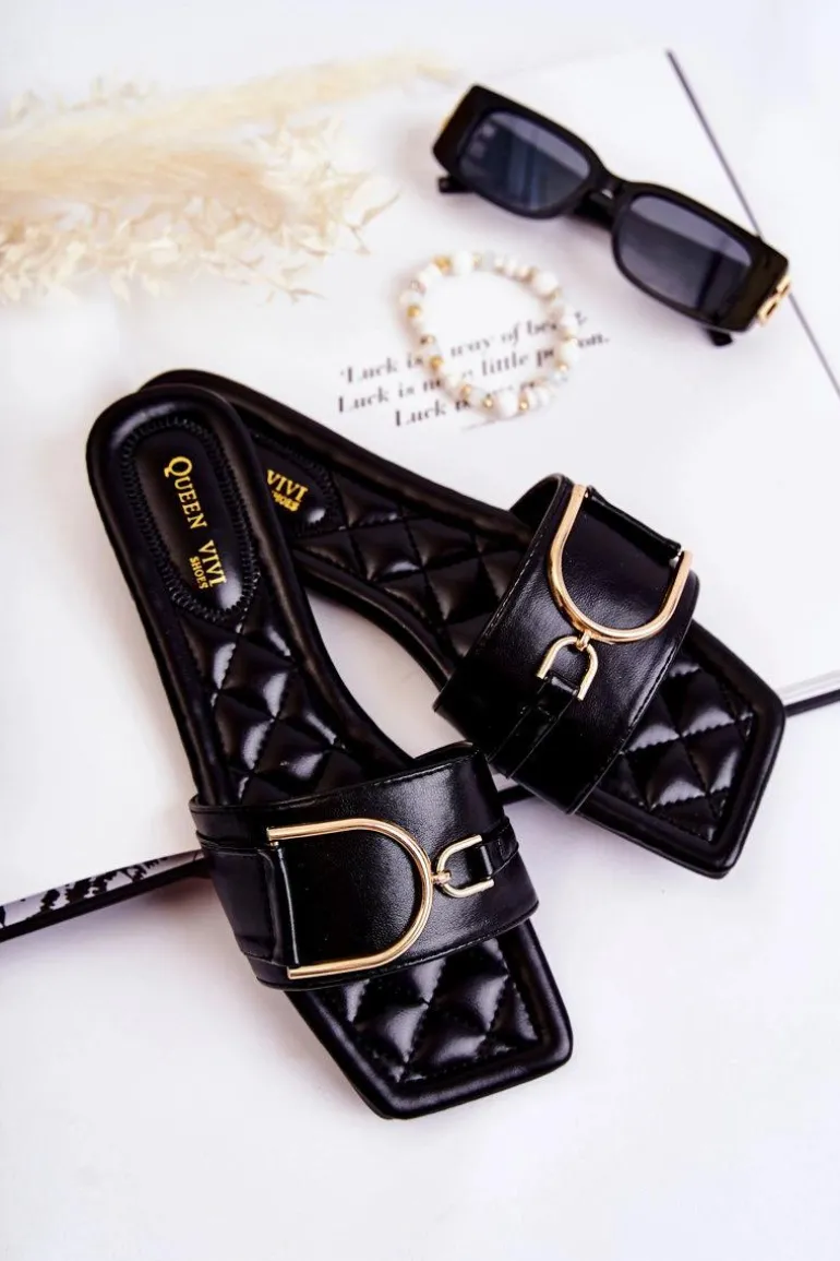 Damskie Skórzane Klasyczne Klapki Z Ozdobą Czarne Shilla