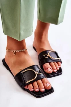 Damskie Skórzane Klasyczne Klapki Z Ozdobą Czarne Shilla