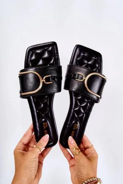 Damskie Skórzane Klasyczne Klapki Z Ozdobą Czarne Shilla