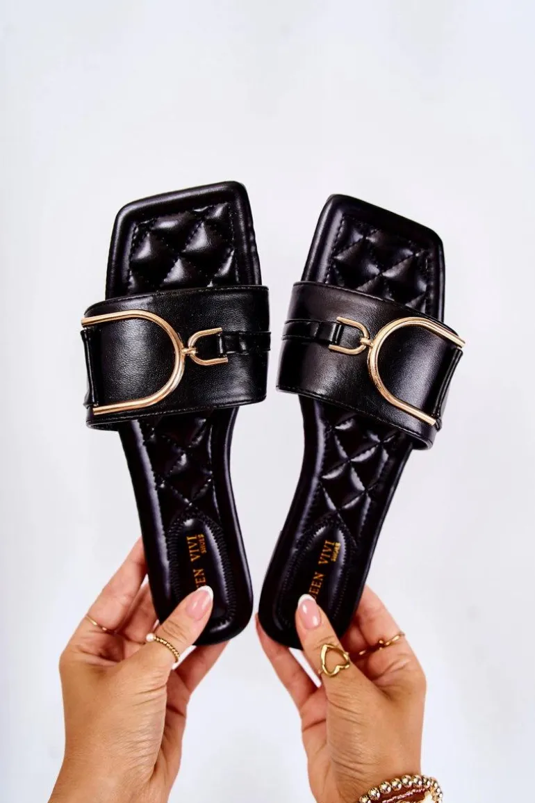 Damskie Skórzane Klasyczne Klapki Z Ozdobą Czarne Shilla