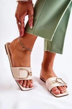 Damskie Skórzane Klasyczne Klapki Z Ozdobą Beżowe Shilla