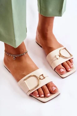 Damskie Skórzane Klasyczne Klapki Z Ozdobą Beżowe Shilla