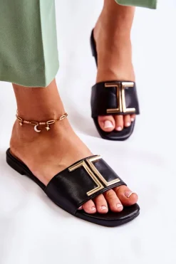 Damskie Skórzane Klasyczne Klapki Z Ozdobą Czarne Maren