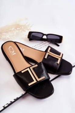 Damskie Skórzane Klasyczne Klapki Z Ozdobą Czarne Maren