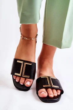 Damskie Skórzane Klasyczne Klapki Z Ozdobą Czarne Maren