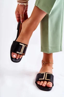 Damskie Skórzane Klasyczne Klapki Z Ozdobą Czarne Maren