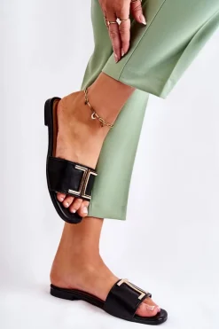 Damskie Skórzane Klasyczne Klapki Z Ozdobą Czarne Maren