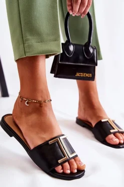 Damskie Skórzane Klasyczne Klapki Z Ozdobą Czarne Maren