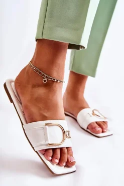 Damskie Skórzane Klasyczne Klapki Z Ozdobą Białe Shilla