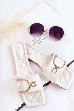 Damskie Skórzane Klasyczne Klapki Z Ozdobą Białe Shilla