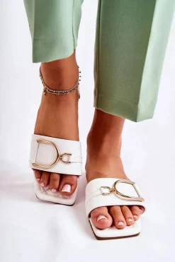 Damskie Skórzane Klasyczne Klapki Z Ozdobą Białe Shilla