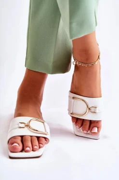 Damskie Skórzane Klasyczne Klapki Z Ozdobą Białe Shilla