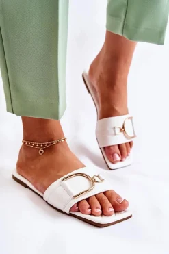 Damskie Skórzane Klasyczne Klapki Z Ozdobą Białe Shilla