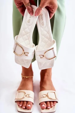 Damskie Skórzane Klasyczne Klapki Z Ozdobą Białe Shilla