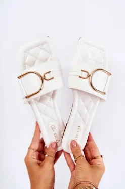 Damskie Skórzane Klasyczne Klapki Z Ozdobą Białe Shilla