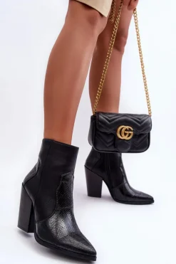 Damskie Skórzane Kowbojki Botki Czarne Fiorene