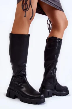 Damskie Skórzane Kozaki Do Kolana Czarne Caldera