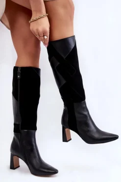 Damskie Skórzane Kozaki Do Kolan Maciejka 05784-01 Czarne