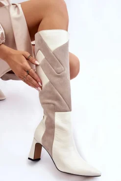 Damskie Skórzane Kozaki Do Kolan Maciejka 05784-22 Jasnobeżowe