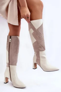 Damskie Skórzane Kozaki Do Kolan Maciejka 05784-22 Jasnobeżowe