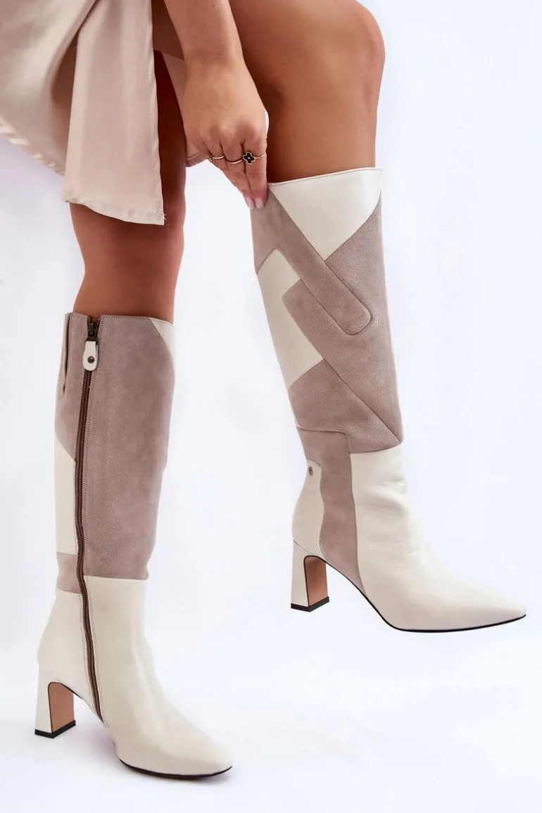 Damskie Skórzane Kozaki Do Kolan Maciejka 05784-22 Jasnobeżowe